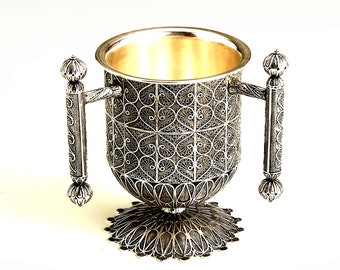 925 Sterling Silver, Hand Washing Cup (Jewish ritual), Netilat Yadayim, Silversmith Filigree, Judaica - ID1894