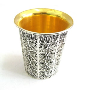 Filigree Sterling Silver Kiddush Cup, Silversmith Small Exclusive Wine Cup, The Inner Cup Is Coated With 24K Gold - ID752