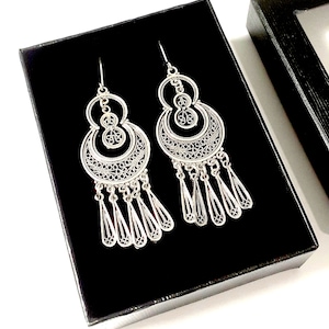 Sterling Silver Boho Chic Chandelier Earrings, Filigree Ethnic Jewelry, Long Dangle Earrings, Lightwhite Comfortable Design - ID1029