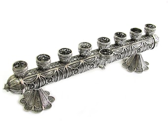 Sterling Silver Filigree Hanukkah Menorah And Candlesticks, Judaica - ID914