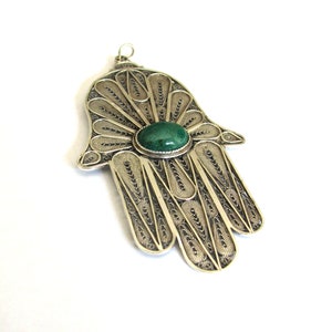 Hamsa Pendant, Sterling Silver 925 Large Hand Of Fatima, Silversmith Filigree Art, Unisex 3.2 X 2 Inches Pendant With Gemstone - ID2025