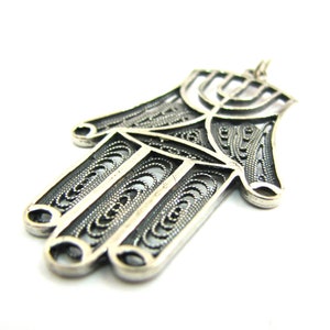 Hamsa Pendant Decorated With Menorah, 925 Sterling Silver Filigree Pendant Necklace, Hand of Fatima, Unisex Jewelry, Jewish Gift - ID2022