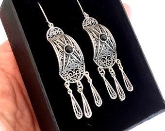 Sterling Silver Filigree Earrings, Dangle Boho Chic Earrings, Light Chandelier Ethnic Earrings, Inlad With Gems Of Your Choice - ID1070