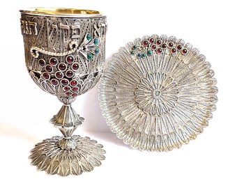 Chalice, Sterling Silver Filigree Kiddush Cup Decorated With Garnet And Azurite Gems, Wine Goblet, Borei Pri Hagafen - ID1770