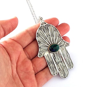 Large Gemstone Hamsa Pendant, Sterling Silver 925, Silversmith Filigree Art, Unisex 3.2 X 2 Inches Pendant - ID2025