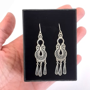 Sterling Silver Filigree Chandelier Earrings, Ethnic Women&#39;s Jewelry, Long Dangle Lightweight Earrings, Boho Chic - ID1026