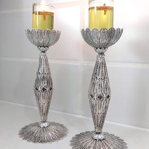 Sterling Silver Filigree Candlesticks, Shabbat Silver Candlesticks, Judaica, Height 6.5 Inches, Silversmith Handmade - ID717