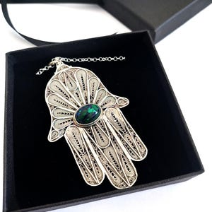 Large Sterling Silver Hamsa Pendant, Silversmith Filigree Art, 3.2X2 Inches Pendant, Gemstone Of Your Choice, Azurite, Amethyst, Onyx ID2025