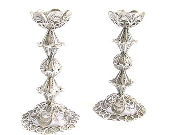 Sterling Silver Candlesticks, Yemenite Filigree, Pair Of Candle Holder, Judaica, Exclusive Shabbat Candlesticks, Candle Holder Silver, ID722