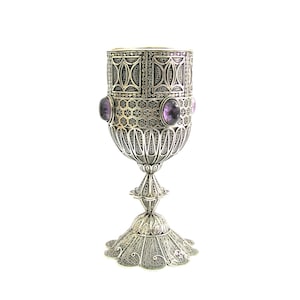 Wine Goblet, Sterling Silver Filigree Choice Cup, Decorated With Gemstones, Silversmith Handmade, Kiddush Cup - ID1752