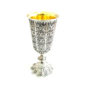 Sterling Silber Wein Becher, Kiddush Becher, Silberschmied Filigrane Kunst, Kelch Becher, der innere Becher ist mit 24K Gold beschichtet, ausgefallener Becher - ID751