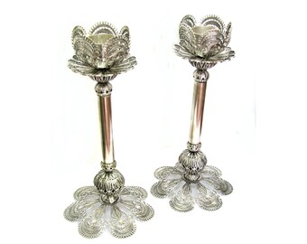 Candlesticks For Sabbath, 925 Sterling Silver Exclusive Candle Holders, Silversmith Handmade Filigree, Judaica - ID1737