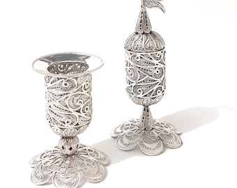 Havdalah Set, 925 Sterling Silver Silversmith Filigree Art, Havdalah Candle Holder And Besamim, Judaica - ID609-652
