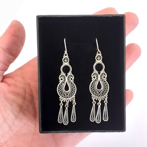 Sterling Silver Filigree Earrings, Long Dangle Ethnic Earrings, Lightweight Chandelier Earrings, Women's Jewelry, Artisan Boho Chick ID1026 image 3