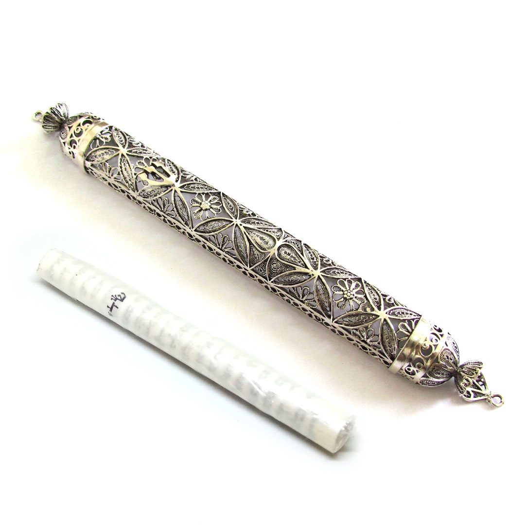 Silver Mezuzah Case With Kosher Scroll, Sterling Silver 925, Filigree, Jewish Housewarming