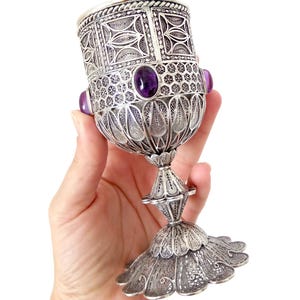 Sterling Silver Filigree Wine Goblet, Kiddush Cup, Decorated With Gemstones, Chalice Cup, Silversmith Handmade, Shabbat Customs - ID1752