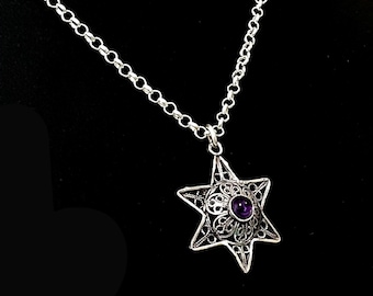 Sterling Silver Star Necklace Pendant, Filigree Star Of David Necklace, Choose Your Gemstone, Onyx, Garnet, Amethyst, Azurite - ID2018