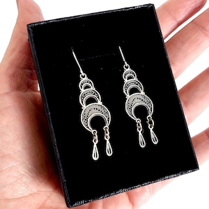 Sterling Silver Filigree Earrings, Ethnic Women's Jewelry, Long Dangle Lightweight Chandelier Earrings, Boho Chic - ID1119