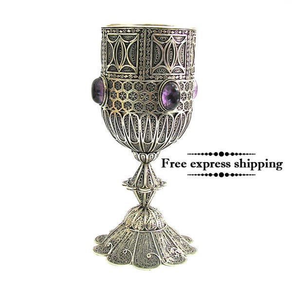 Chalice Cup, Decorated With Amethyst Gemstones, 925 Sterling silver, Yemenite Filigree, Silver Wine Goblet - ID1752