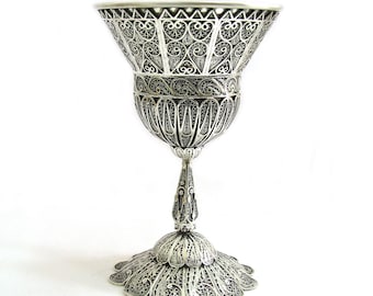 Chalice Cup, 925 Sterling Silver Filigree Wine Goblet, Kiddush Cup, The Inner Cup Is Coated With 24K Gold - ID743