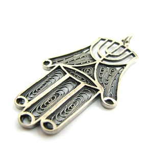 Sterling Silver Filigree Hamsa Pendant, Decorated With Menorah, Hand Of Fatima, Unisex Jewelry, Silversmith Handmade Jewish Gift - ID2022
