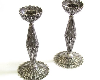 Exclusive Candlesticks Holder, 925 Sterling Silver, Handmade Yemenite Filigree, Shabbat Silver Candlesticks, Judaica - ID717