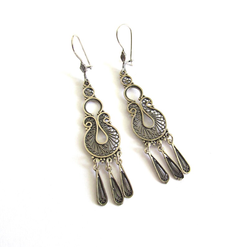 Sterling Silver Filigree Earrings, Long Dangle Ethnic Earrings, Lightweight Chandelier Earrings, Women's Jewelry, Artisan Boho Chick ID1026 image 4