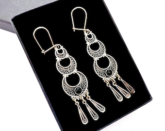 Sterling Silver Filigree Earrings, Lightwher Filigree Chandelier Earrings, Inlaid With Gemstones, Long Dangle Boho Chic Earrings - ID1059