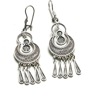 Sterling Silver Chandelier Earrings, Filigree Boho Earrings, Fish Hook Clasp, Dangle Earrings - ID1029