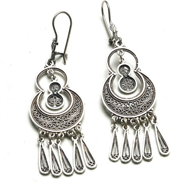 Sterling Silver Chandelier Earrings, Filigree Boho Earrings, Fish Hook Clasp, Dangle Earrings - ID1029