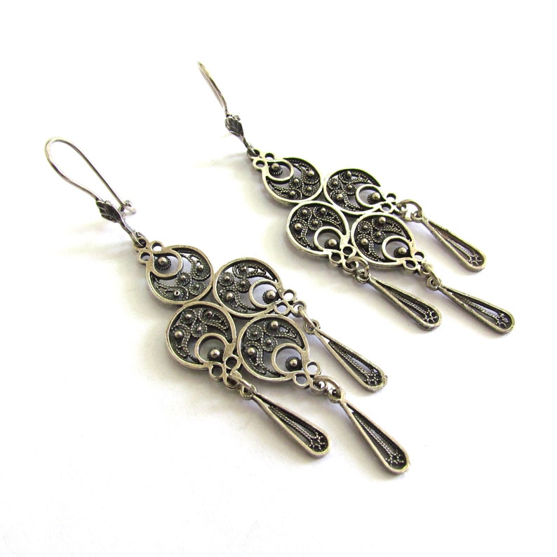 Sterling Silver Filigree Earrings, Handcrafted Unique Design, Lightweight Dangle, Boho Chic Style Silversmith Women Jewelry ID92 image 4