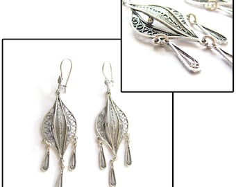 Drop Sterling Silver Earrings, Chandelier Dangle Earrings, Filigree Silversmith Handmade Jewelry, Lightweight - ID18