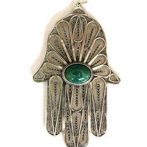 Large Sterling Silver Hamsa Pendant, Decorated With Big Gemstone, Silversmith Filigree Art, Unisex Pendant ID2025 image 2