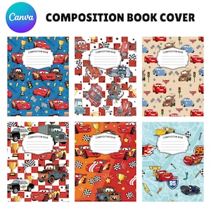 May include: Six rectangular composition book covers featuring various patterns of cartoon race cars, trophies, checkered flags, and traffic lights. Each cover includes a central white label with the text COMPOSITION BOOK and horizontal lines.