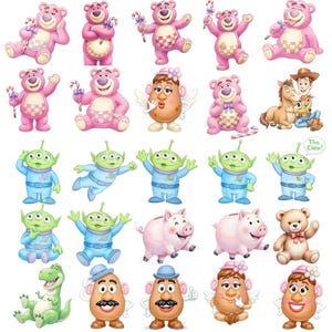May include: A collection of cartoon character stickers featuring pink bears with candy canes, green three-eyed aliens in blue space suits, a brown potato figure with a mustache, a potato figure with a flower hat, a pink pig, a brown teddy bear, and a green dinosaur.