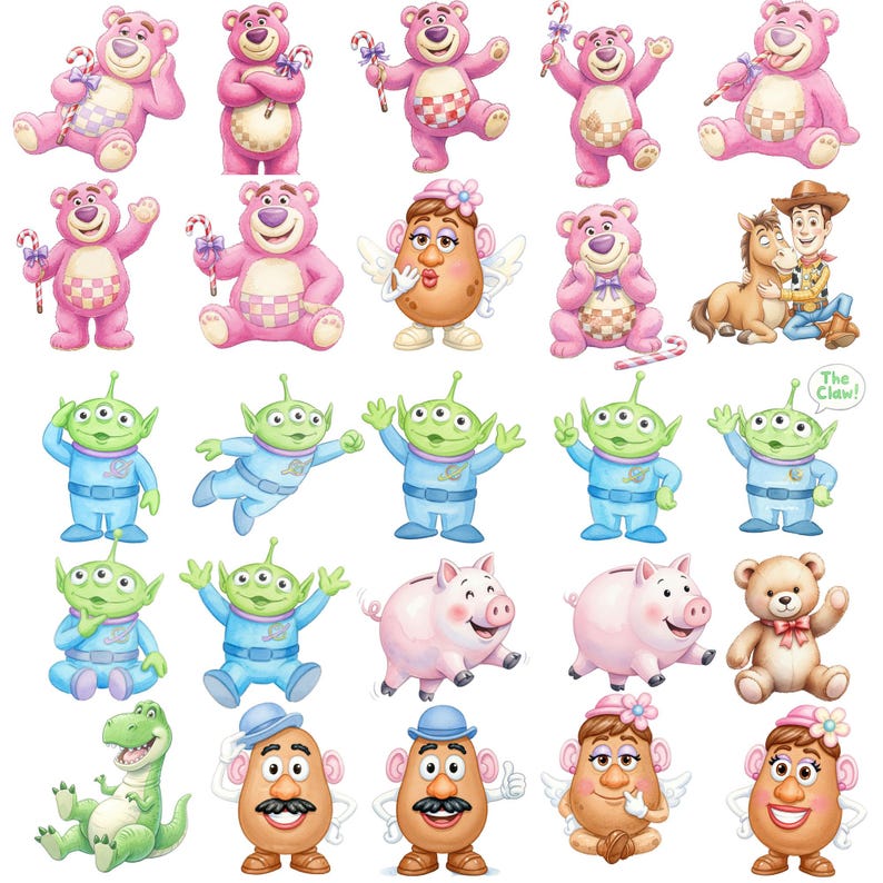 May include: A collection of cartoon character stickers featuring pink bears with candy canes, green three-eyed aliens in blue space suits, a brown potato figure with a mustache, a potato figure with a flower hat, a pink pig, a brown teddy bear, and a green dinosaur.