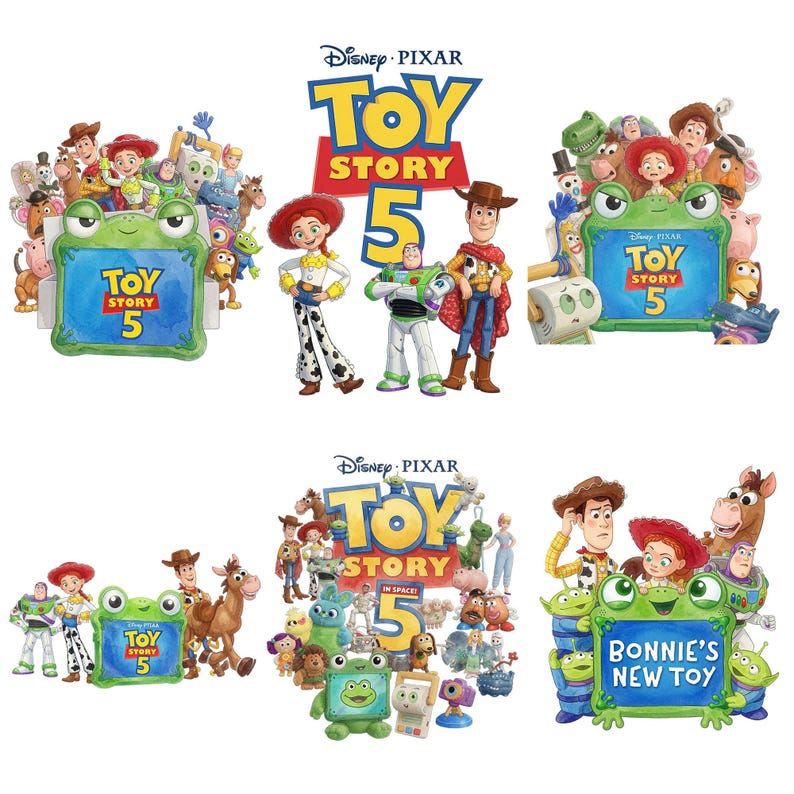 May include: A collection of Disney Pixar Toy Story 5 graphic designs featuring Woody, Jessie, Buzz Lightyear, and various characters surrounding a green frog-shaped frame with the text Toy Story 5 or Bonnie's New Toy printed on the center.