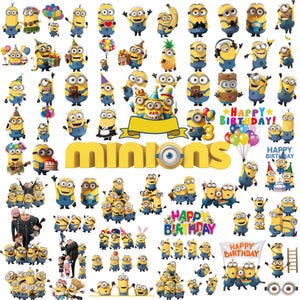 K&ouml;nnte beinhalten: Eine Sammlung von gelben Minion-Aufklebern mit verschiedenen Posen, Partymotiven, Luftballons, Kuchen und Geburtstagsgr&uuml;&szlig;en. Das Set enth&auml;lt den Schriftzug "MINIONS" in gro&szlig;en gelben Buchstaben und "HAPPY BIRTHDAY" in bunten Farben.