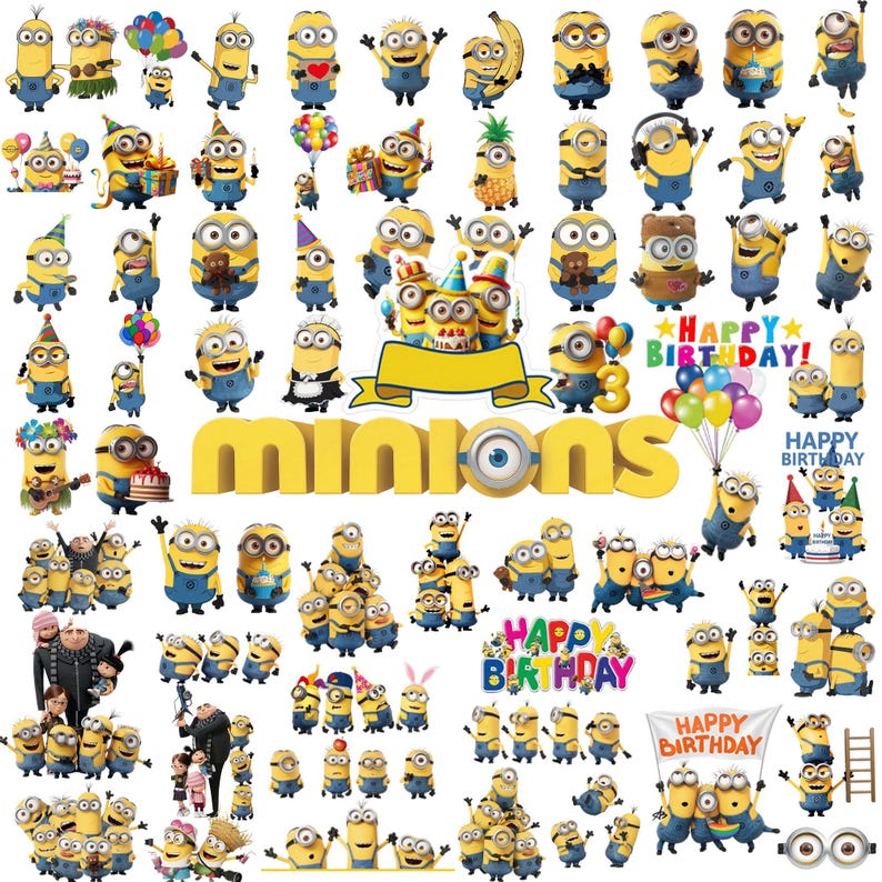 K&ouml;nnte beinhalten: Eine Sammlung von gelben Minion-Aufklebern mit verschiedenen Posen, Partymotiven, Luftballons, Kuchen und Geburtstagsgr&uuml;&szlig;en. Das Set enth&auml;lt den Schriftzug "MINIONS" in gro&szlig;en gelben Buchstaben und "HAPPY BIRTHDAY" in bunten Farben.