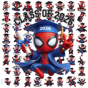 Puede incluir: Una colección de personajes de Spider-Man en dibujos animados con birretes y togas de graduación, con el texto "CLASS OF 2026". La figura central lleva un birrete azul con "2026" y sostiene un diploma con una cinta azul.