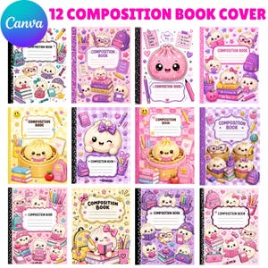 May include: A collection of 12 composition book covers featuring cartoon characters, school supplies, and pastel patterns. Each cover includes a central label with the text Composition Book and blank lines for writing, set against various pink, purple, and yellow backgrounds.