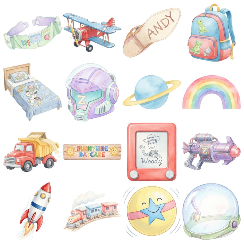 May include: A collection of watercolor illustrations featuring a space ranger belt, a red biplane, a shoe sole with the name ANDY, a blue backpack, a bed, a space helmet, a planet, a rainbow, a dump truck, a Sunnyside Daycare sign, a drawing toy, a ray gun, a rocket, a train, a ball, and a glass helmet.