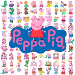 Puede incluir: Una gran colección de pegatinas de los personajes de Peppa Pig con diversas poses, atuendos y temas de cumpleaños, centrada en un logo azul con el texto Peppa Pig en rosa, mostrando diversos animales y elementos festivos coloridos.
