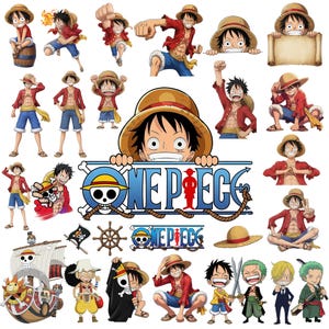 May include: A collection of stickers featuring the anime character Monkey D. Luffy from One Piece in various poses, wearing a straw hat, red vest, and blue shorts. The set includes the One Piece logo, a pirate ship, and other characters.