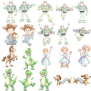 May include: A collection of watercolor-style illustrations featuring Buzz Lightyear in various poses, a boy in a cowboy hat and overalls, a brown horse, a green dinosaur, a girl in a blue dress with a pink bonnet, and a brown dachshund with a spring body.