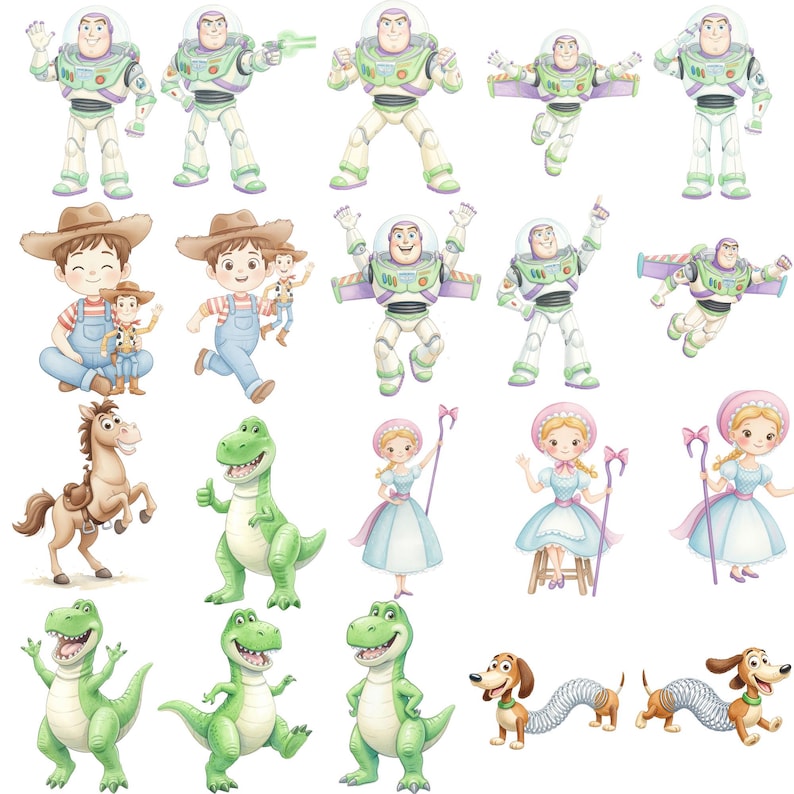 May include: A collection of watercolor-style illustrations featuring Buzz Lightyear in various poses, a boy in a cowboy hat and overalls, a brown horse, a green dinosaur, a girl in a blue dress with a pink bonnet, and a brown dachshund with a spring body.