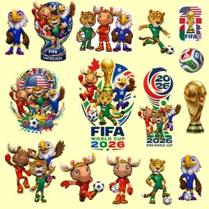 以下が含まれることがあります： FIFAワールドカップ2026のステッカーコレクション。マスコット、公式トロフィー、大会ロゴが描かれています。ヘラジカ、ヒョウ、ワシがサッカーボールと共に様々なポーズをとっており、FIFA WORLD CUP 2026というテキストも含まれています。