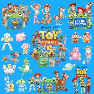 May include: A collection of Disney Pixar Toy Story 5 characters including Woody, Buzz Lightyear, Jessie, Bullseye, and various aliens on a bright blue background. The image features multiple logos with the text Toy Story 5 and Bonnie's New Toy.