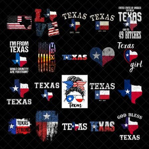 Puede incluir: Una colección de gráficos y diseños de texto con temática de Texas. Los diseños incluyen la bandera del estado de Texas, la palabra "Texas" en varias fuentes y frases como "I'm from Texas" y "Texas Strong". La combinación de colores es rojo, blanco y azul.
