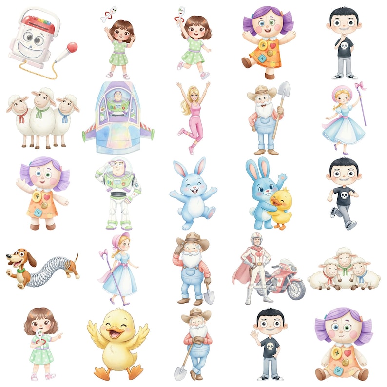 May include: A collection of twenty-five colorful cartoon illustrations featuring various characters including children, a space ranger, a cowgirl, a bearded farmer with a shovel, a shepherdess, a slinky dog, a rabbit, a duck, and sheep.